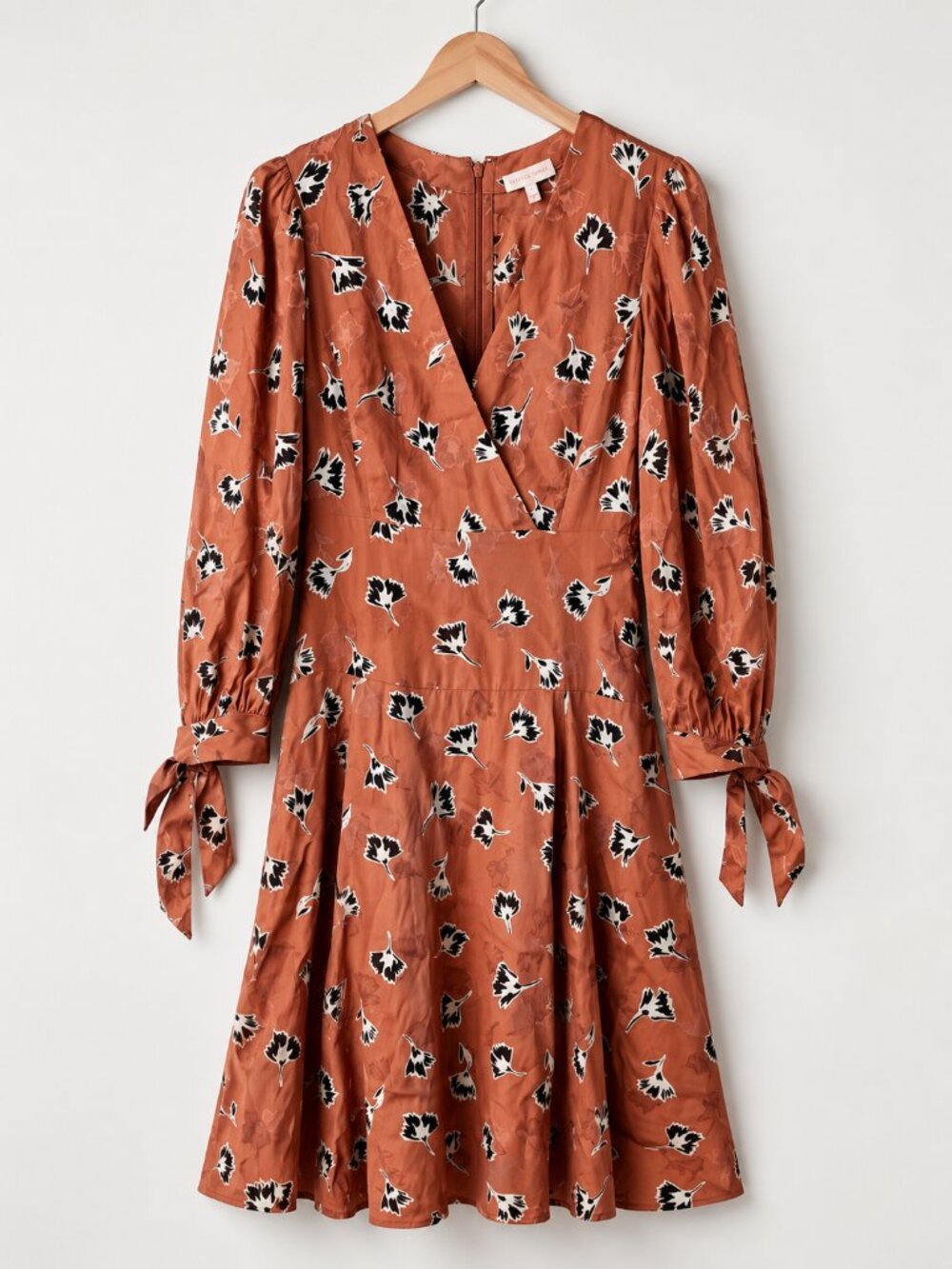 Rebecca Taylor Rust Floral Long Sleeve V-Neck Midi Dress